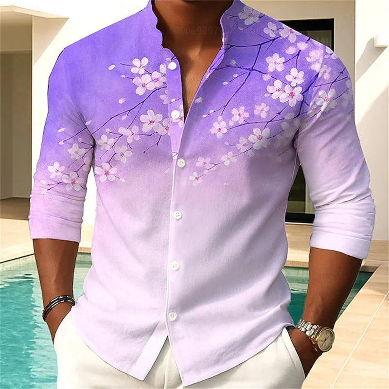 Men's floral print shirt fashion casual outdoor vacation daily spring and autumn Chinese style stand collar shirt pink blue
