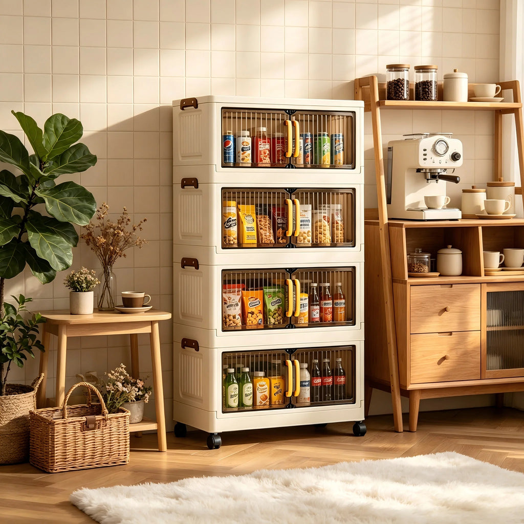 23.62in 3/4/5 Tier Foldable Plastic Storage Cabinet with Wheels, Double Transparent Door Organizer, Large Storage Chest, No Assembly Closet Organizer with Latches for Bedroom Kitchen, Cream White