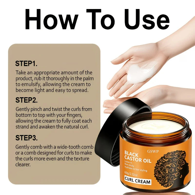 GSWP Black Castor Oil Curl Cream. Moisturizing, Creating Smooth, Bouncy Curls. Long-Lasting Hold Without Stiffness. 60/120g