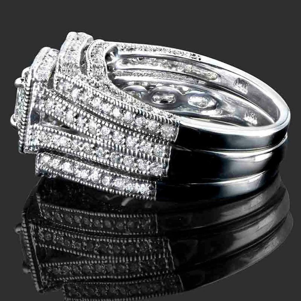 Bridal Set Princess Cut Engagement Ring 2 Matching Wedding Bands Set 2.36 Ctw Halo Diamond Wedding Rings Set 14k White Gold