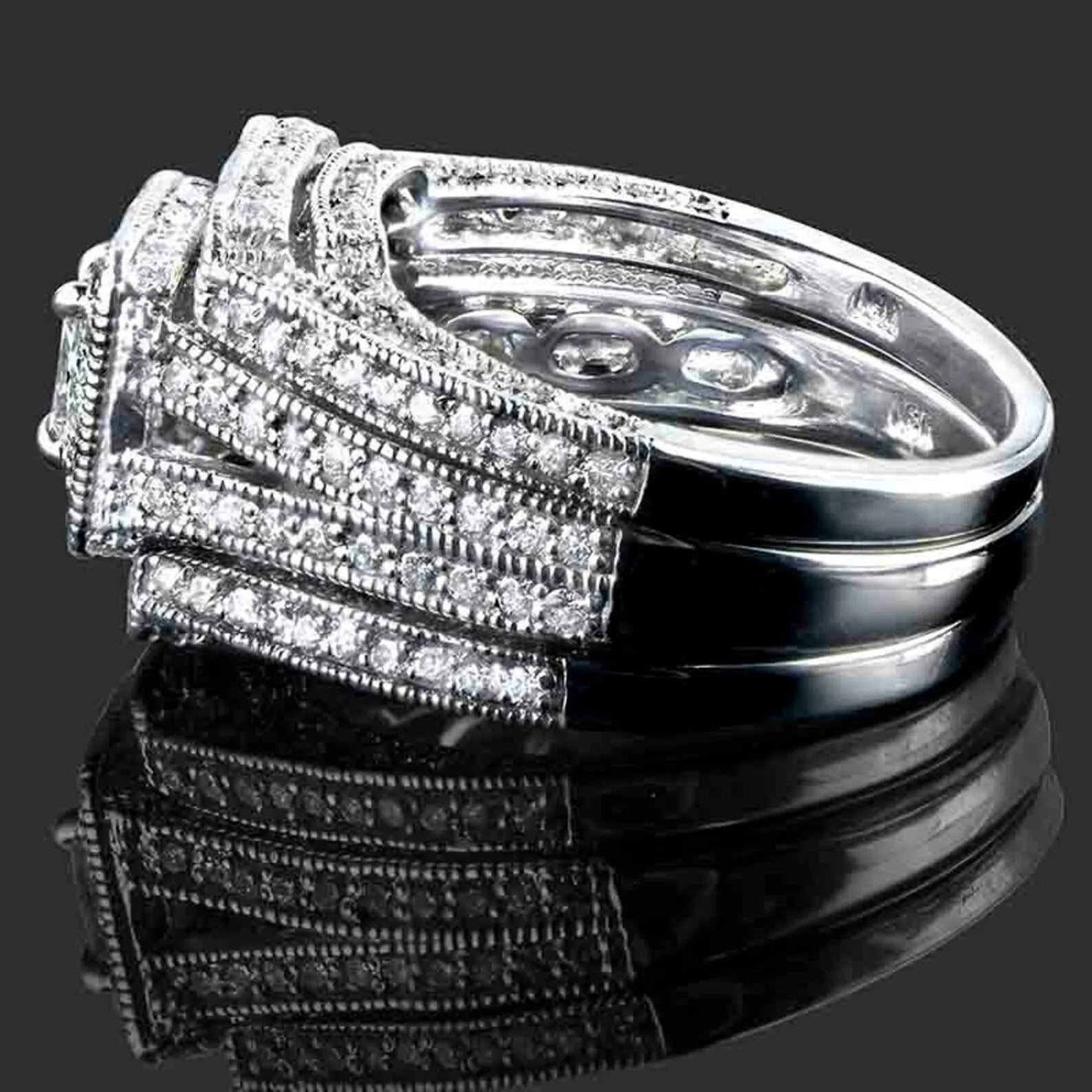 Bridal Set Princess Cut Engagement Ring 2 Matching Wedding Bands Set 2.36 Ctw Halo Diamond Wedding Rings Set 14k White Gold