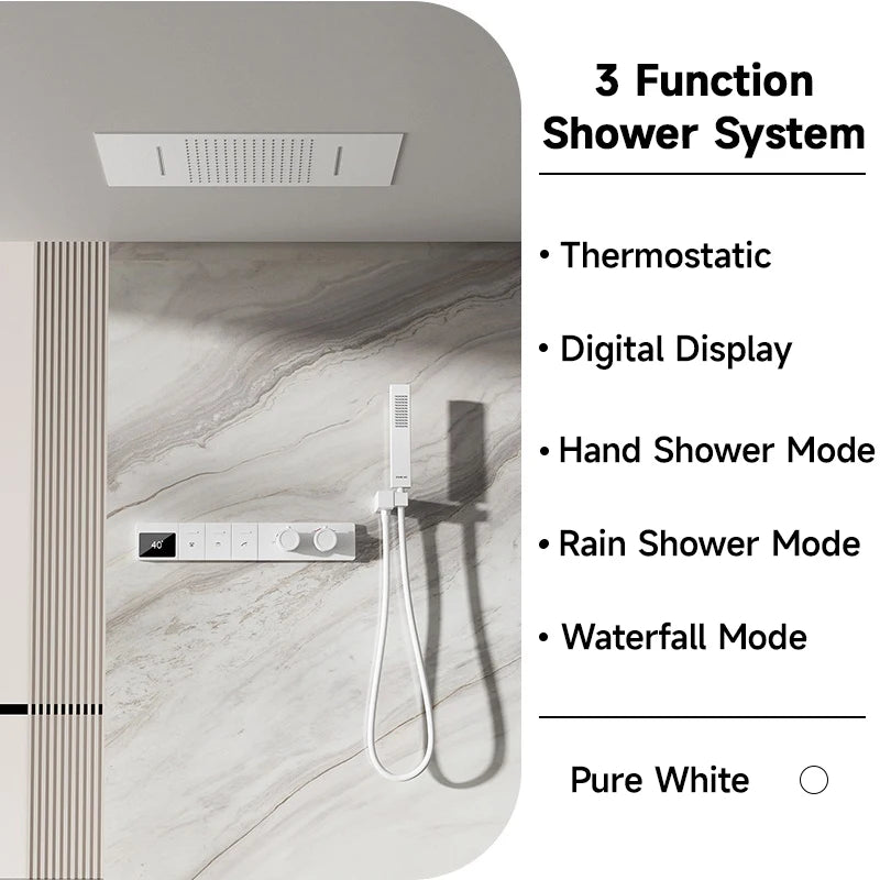 630×330mm Ceiling Thermostatic Shower System Concealed Brass Rainfall Waterfall 4 Function Digital Display Anti-Scald Bathroom S