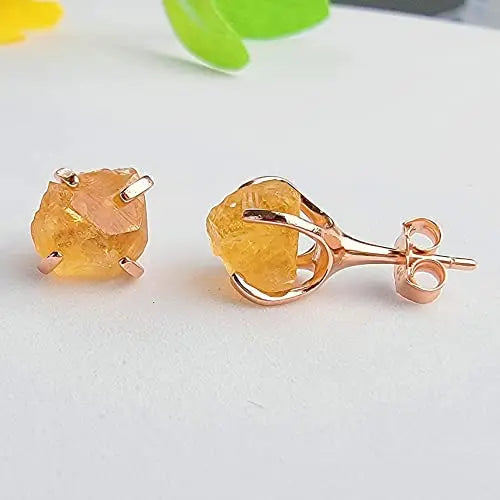 5-7mm Raw Citrine Stone Rose Gold Plated Prong Set Stud Earring Handmade Dainty Minimalist November Birthstone Jewelry for Women