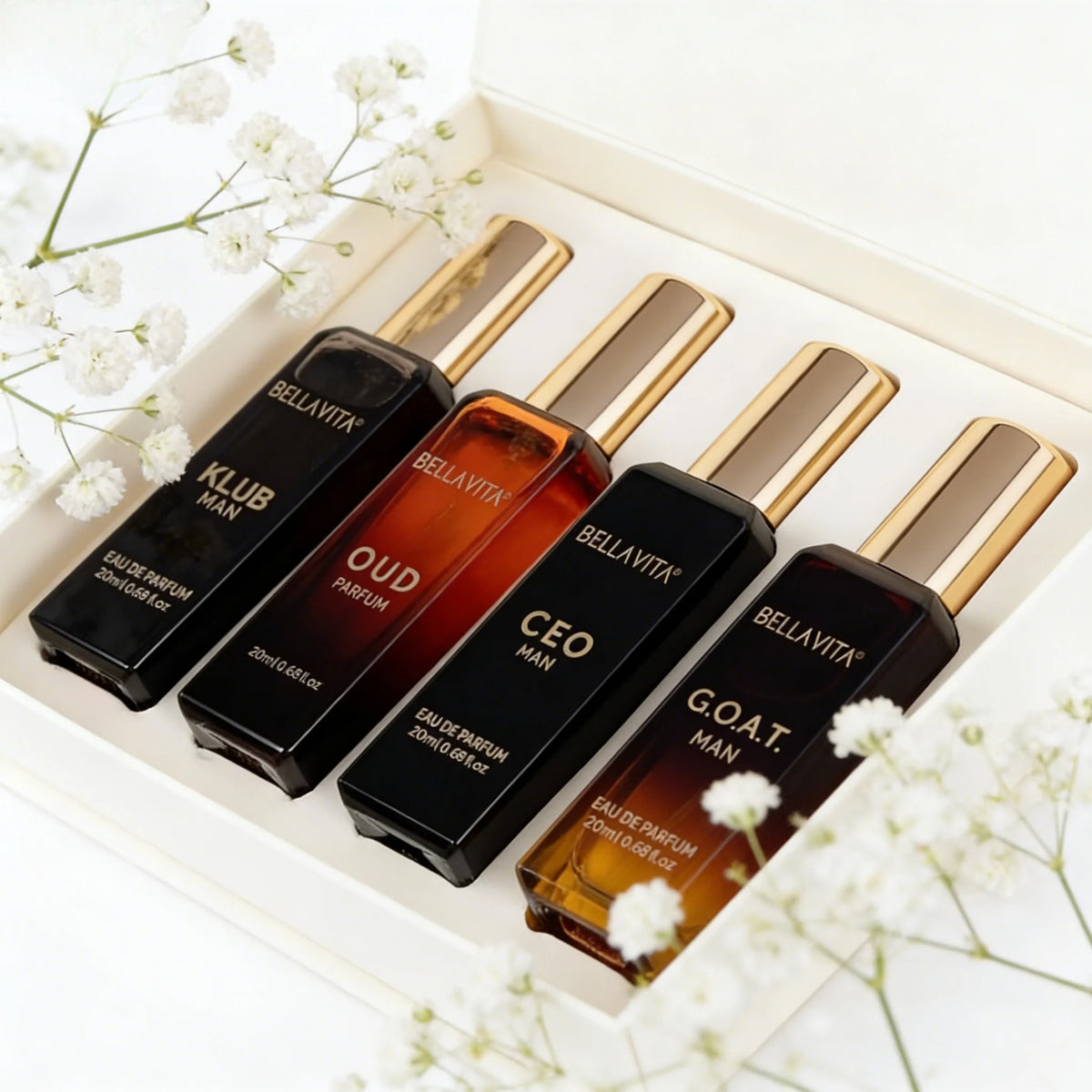 Bellavita Luxury Men's Perfume Gift Set with CEO Man, GOAT, Klub, and Oud 80ml Perfume for Men Lavender, Patchouli, Lemon, and Caramel Notes Long Lasting Men's Fragrance