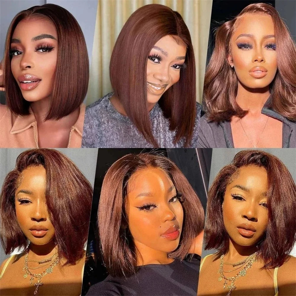 13x4 Human Hair Chocolate Brown Short Bob Lace Front Wig Bone Straight 200% Full Density Transparent Lace Frontal Bob Wigs
