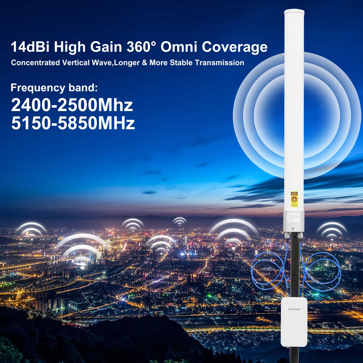 SUNCOMM 1KM WiFi Coverage Extension Kit Dual Polarization Omni Antenna Suitable for WiFi Coverage, Hotels, and Public Utilities