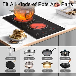 Karinear 2 Burners Electric Cooktop, 120v Plug in Ceramic Cooktop, 12 Inch Countertop & Built-in Electric Stove Top with Child Safety Lock, Timer, Over-Temperature Protection, Sensor Touch Control