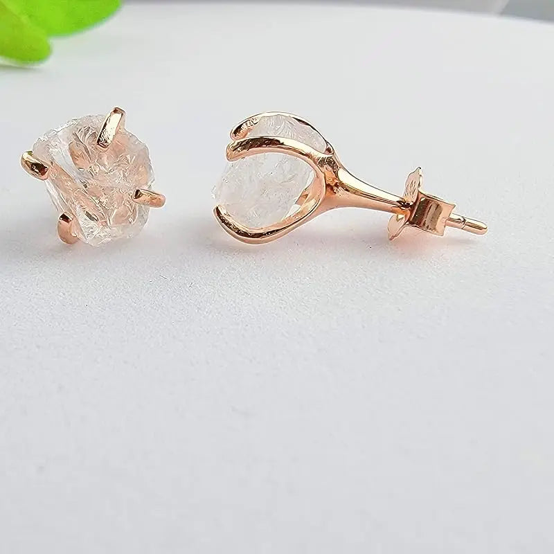5-7mm Raw Crystal Quartz Stone Rose Gold Plated Prong Set Stud Earring Handmade Dainty Minimalist Clear Gemstone for Women