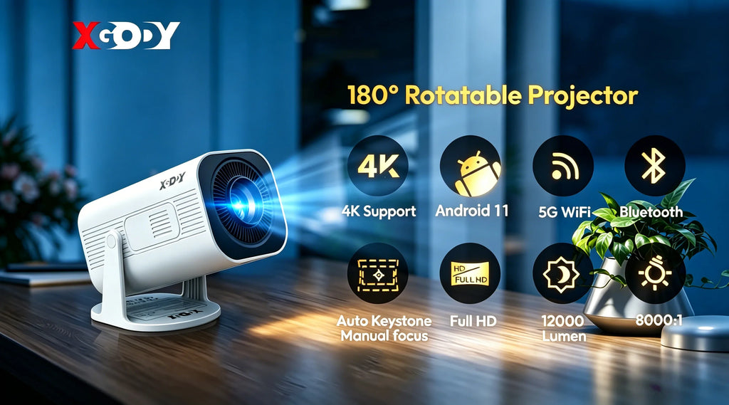 XGODY Mini 4K Projector, 720P Native 300 ANSI, Android 11 Short Throw Smart Projector  WiFi 6 BT5.4, 180° Stand, Auto Keystone for Home Theater Bedroom Gift