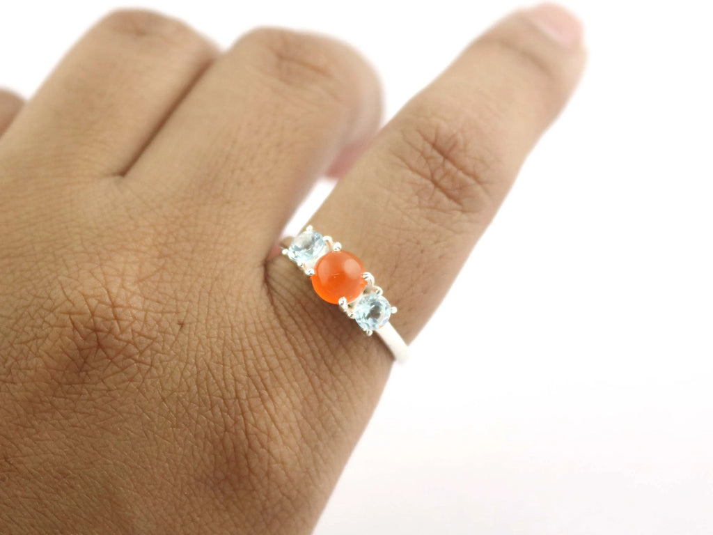 Blue Topaz 925 Sterling Silver with Carnelian Gemstone Prong Set Stackable Dainty Ring For Women