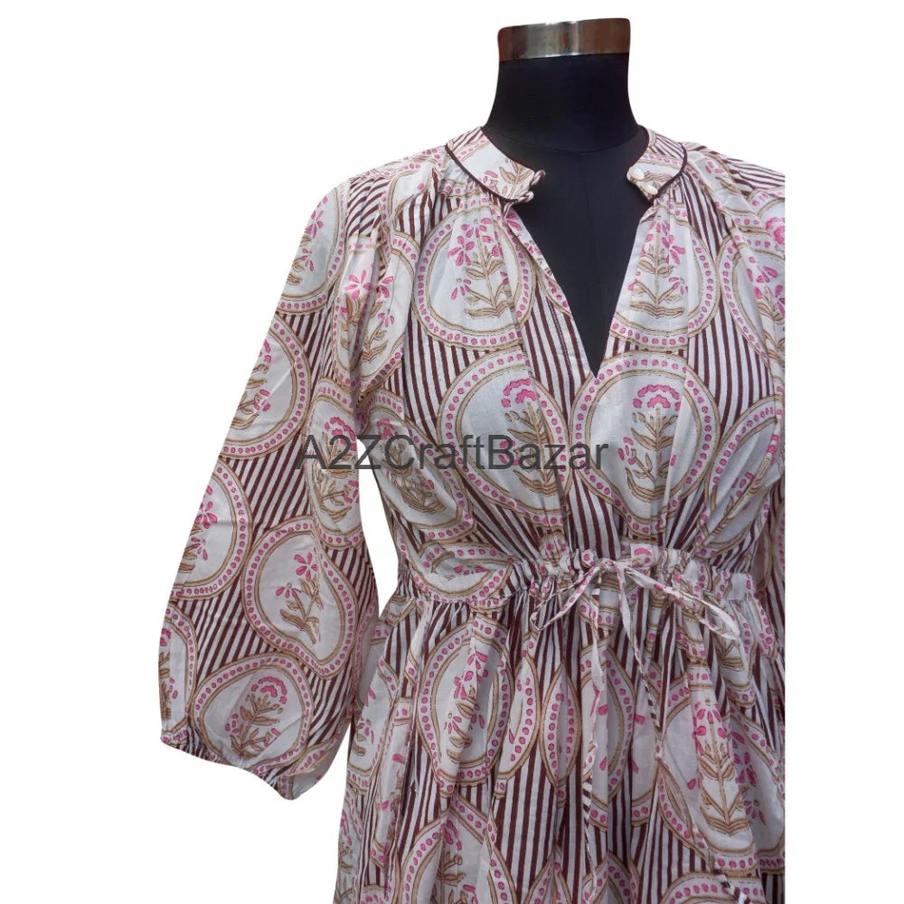 Women's Handmade Loose Casual Daily Breathable Dry Cleaning Vintage Midi Dress Block Printed Floral Pattern 3/4 Cotton Natural
