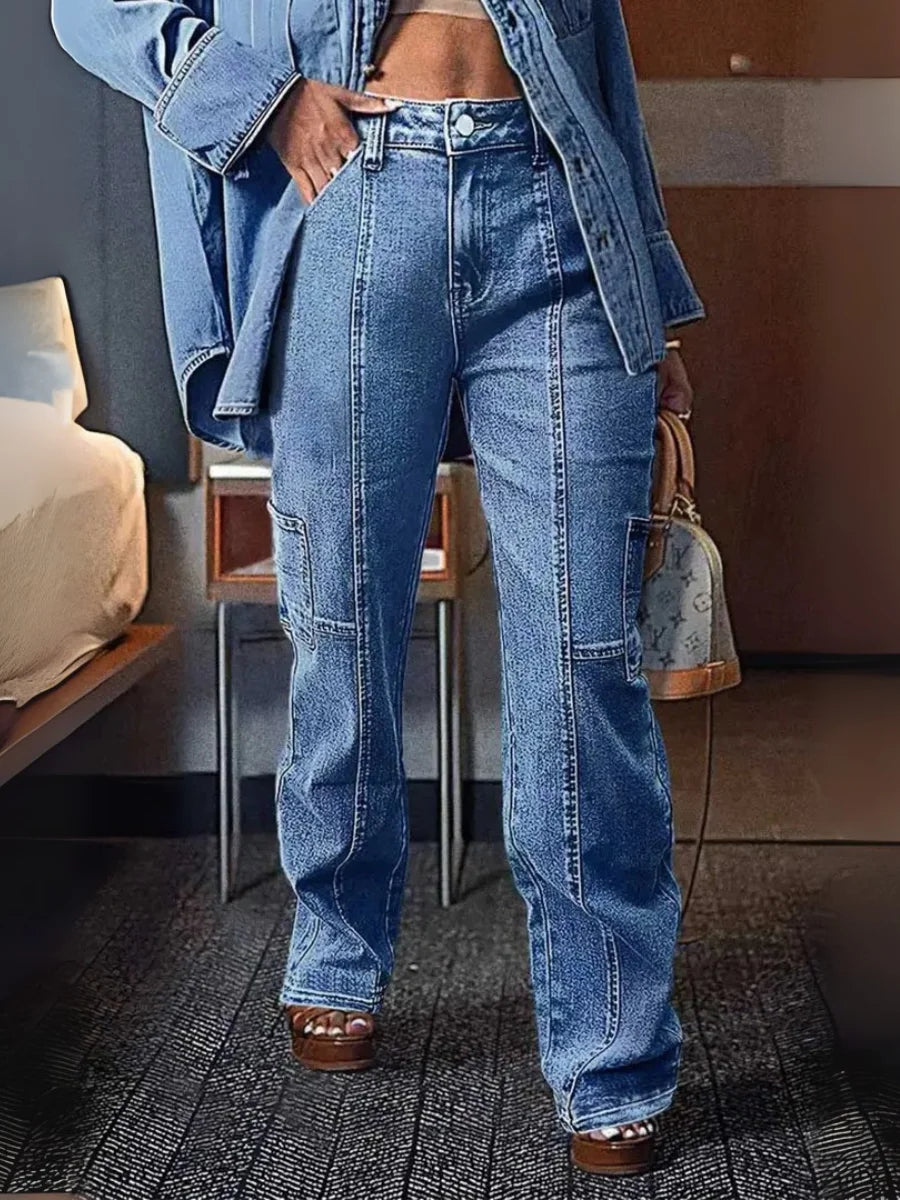 Women’s High-Waist Straight-Leg Cargo Jeans – Light Wash