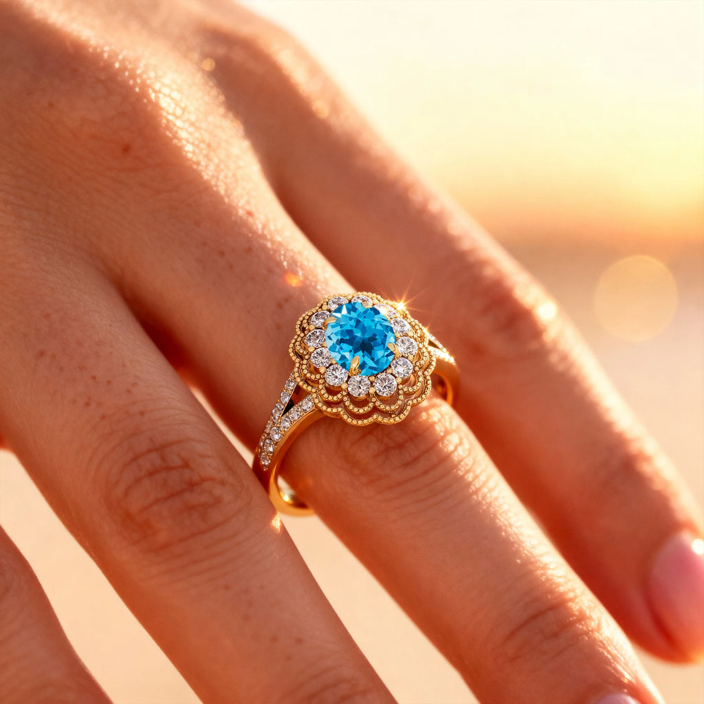 Exclusive Wedding Cluster Rings 18K Solid Gold Natural Swiss Blue Topaz Gemstone Real White Diamond Rhodium Plated Ring For Her