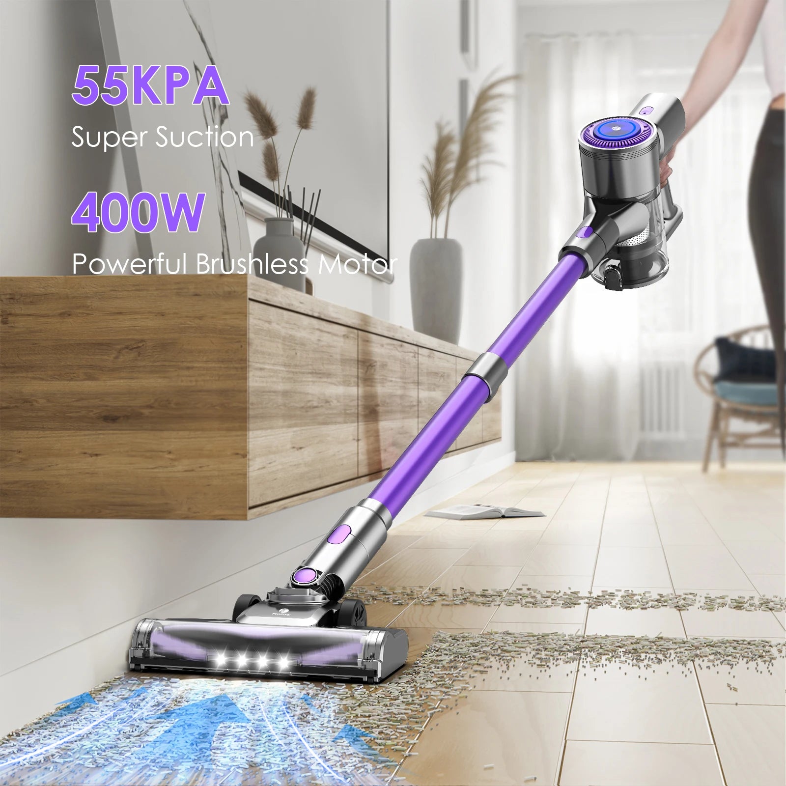 Cordless Vacuum Cleaner, 60KPA/450W/60Mins Cordless Stick Vacuum with Touch Screen,5-Layer Filtration System, Wall Charging,
