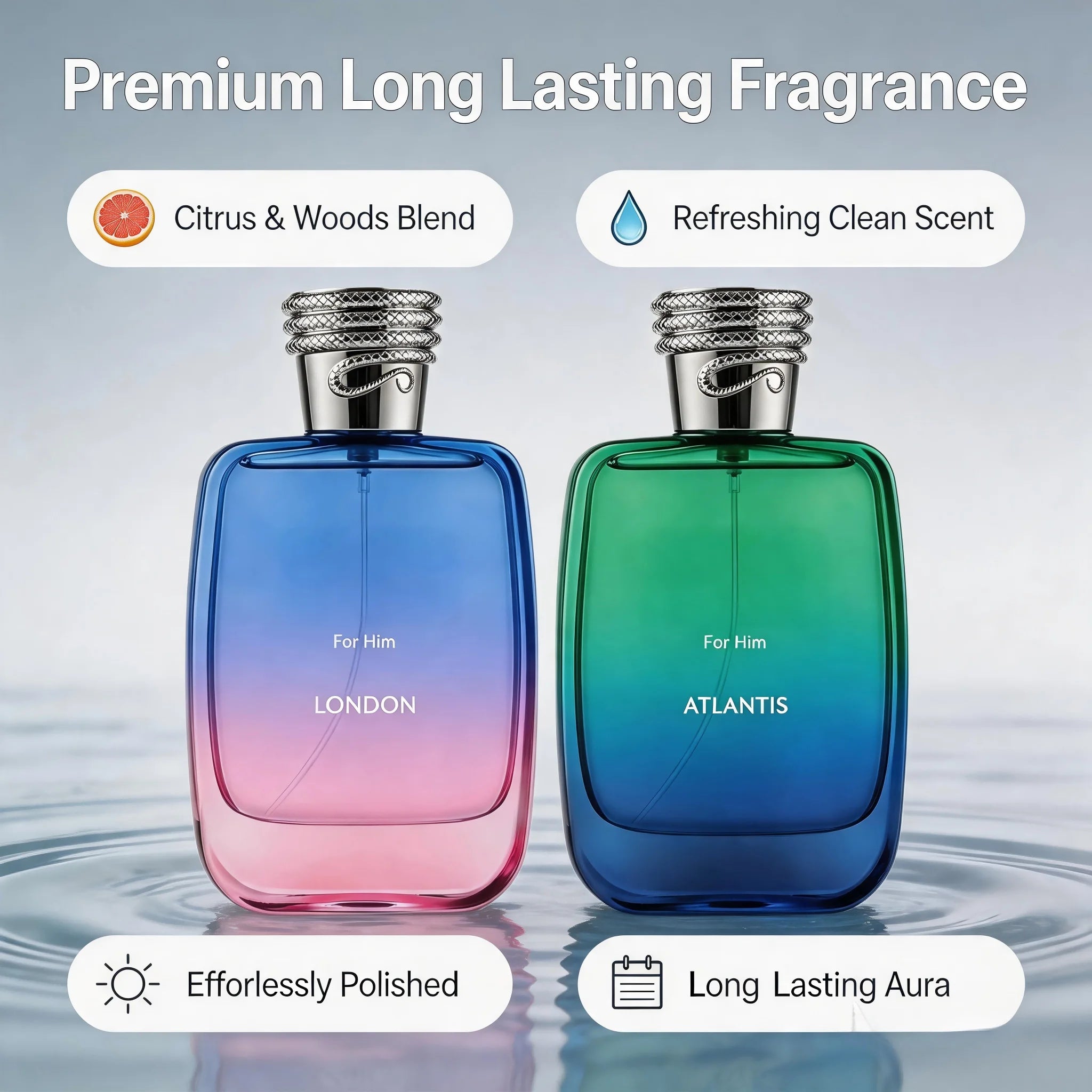 Men Eau De Parfum, London / Atlantis 2 Scents Optional, Fresh Aquatic Woody Long Lasting Cologne for Daily & Night Out