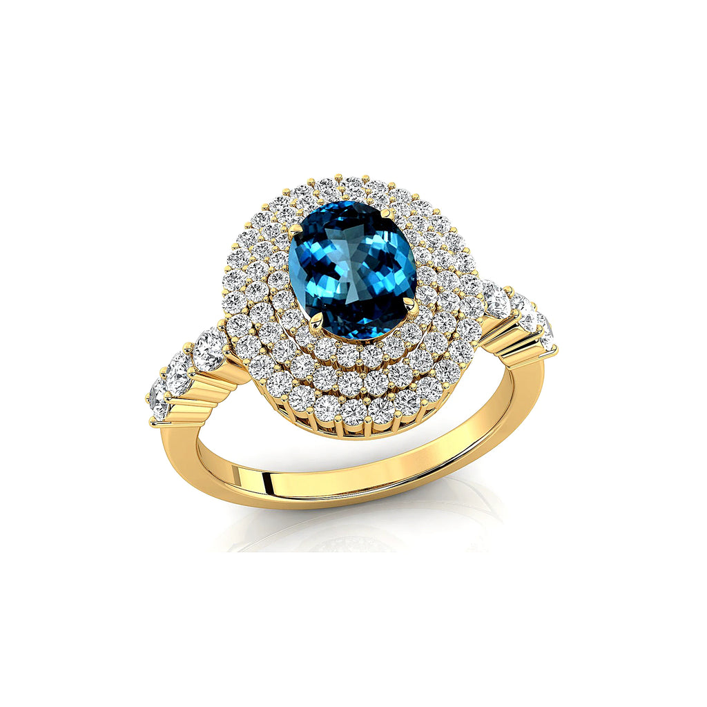 100% Natural London Blue Topaz Gemstone Halo Style Engagement Rings in 18kt Solid Gold Studded With Round Cut Diamonds Jewelry