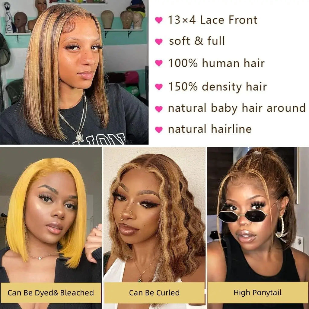 Bob Wig Human Hair 13x4 HD Lace Frontal Short Straight Lace Front Bob Wigs For Women Human Hair Pre Plucked Side Part 150% Density Ombre Highlight 4/27