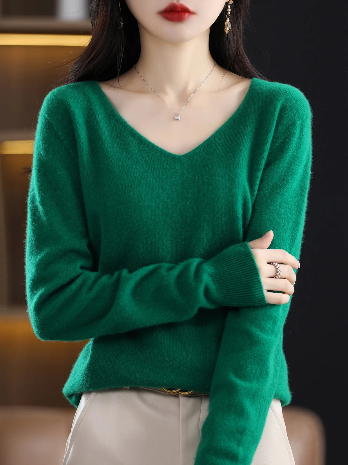 Sweater for Women 100% Merino Wool V Neck Sweater Fall Winter Basic Warm Pullovers Long Sleeve Soft Knit Jumpers Female Clothing