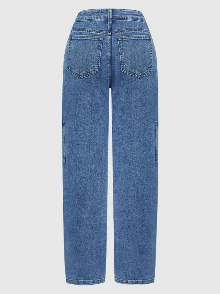 Women’s High-Waist Straight-Leg Cargo Jeans – Light Wash