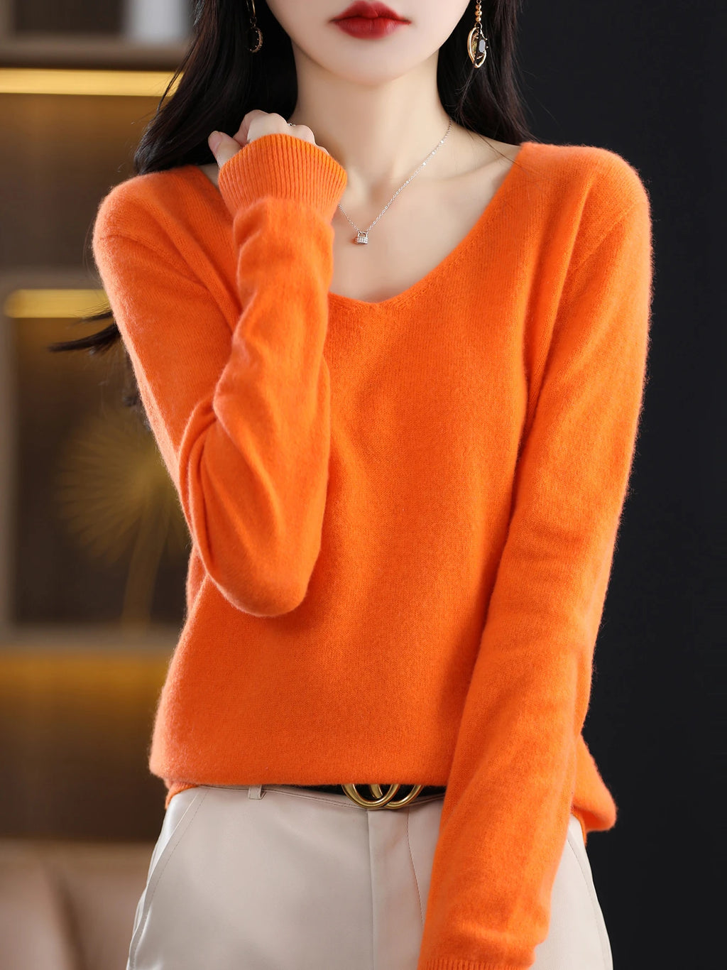 Sweater for Women 100% Merino Wool V Neck Sweater Fall Winter Basic Warm Pullovers Long Sleeve Soft Knit Jumpers Female Clothing