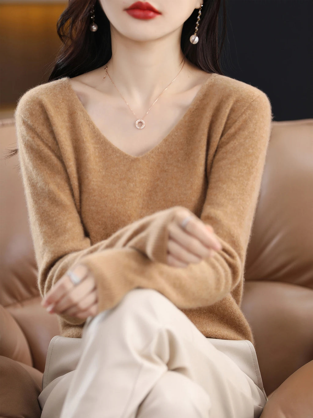 Sweater for Women 100% Merino Wool V Neck Sweater Fall Winter Basic Warm Pullovers Long Sleeve Soft Knit Jumpers Female Clothing