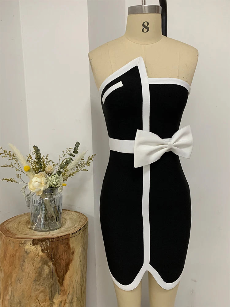 Women's Patchwork Mini Bandage Black Bow Strapless Bodycon 2023 Summer Sexy Elegant Club Celebrity Evening Party Dresses