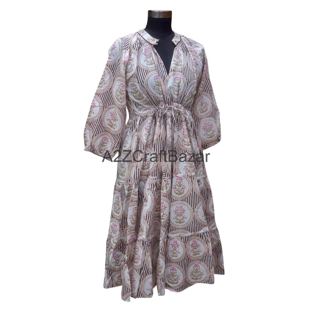 Women's Handmade Loose Casual Daily Breathable Dry Cleaning Vintage Midi Dress Block Printed Floral Pattern 3/4 Cotton Natural