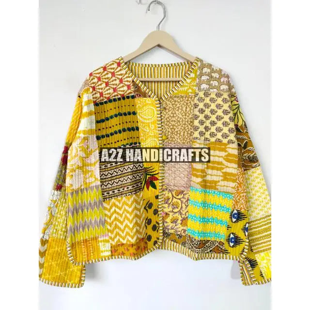 Handmade Floral Quilted Indian Cotton Jacket for Women Reversible Stripe Coat Long Length Breathable Knitted Party Wear Gift