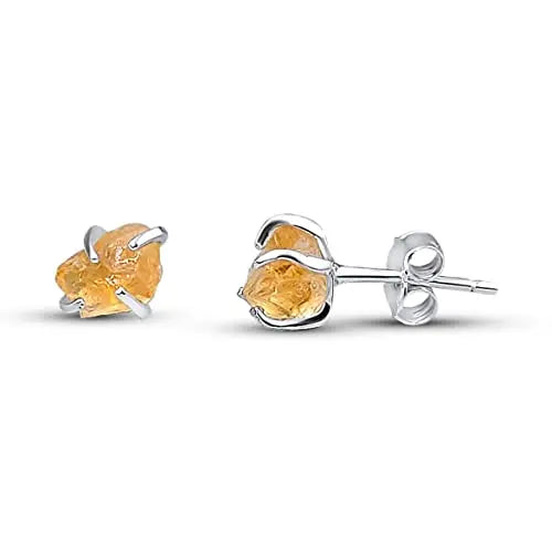 5-7mm Raw Citrine Stone Rose Gold Plated Prong Set Stud Earring Handmade Dainty Minimalist November Birthstone Jewelry for Women
