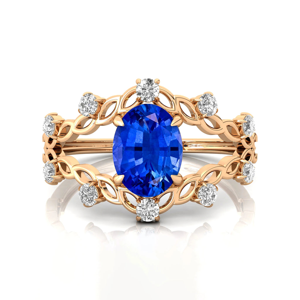 14kt Gold Lab Grown Blue Sapphire Gemstone & Real Diamonds Ring Prong Sett Split Shank Design Classic Wedding Statement Rings