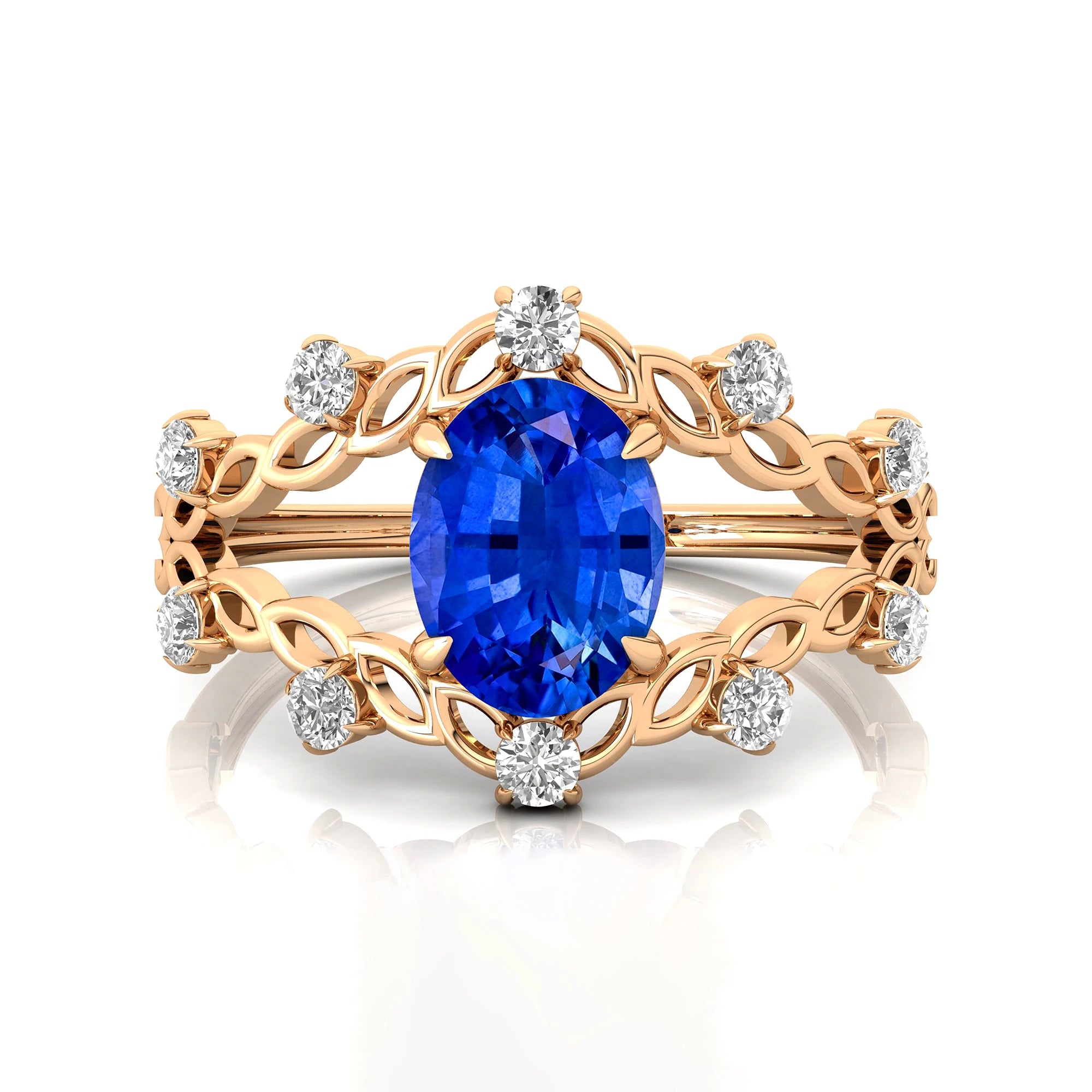 14kt Gold Lab Grown Blue Sapphire Gemstone & Real Diamonds Ring Prong Sett Split Shank Design Classic Wedding Statement Rings