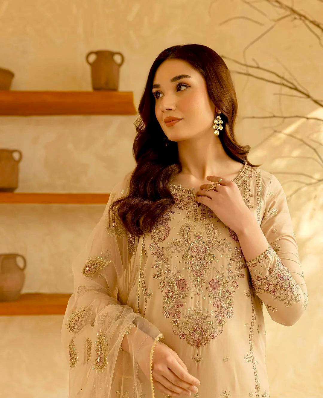 Women Vintage Designer Beige Embroidered Kurta Pant Dupatta Set Premium Festive Ethnic Wear All Seasons