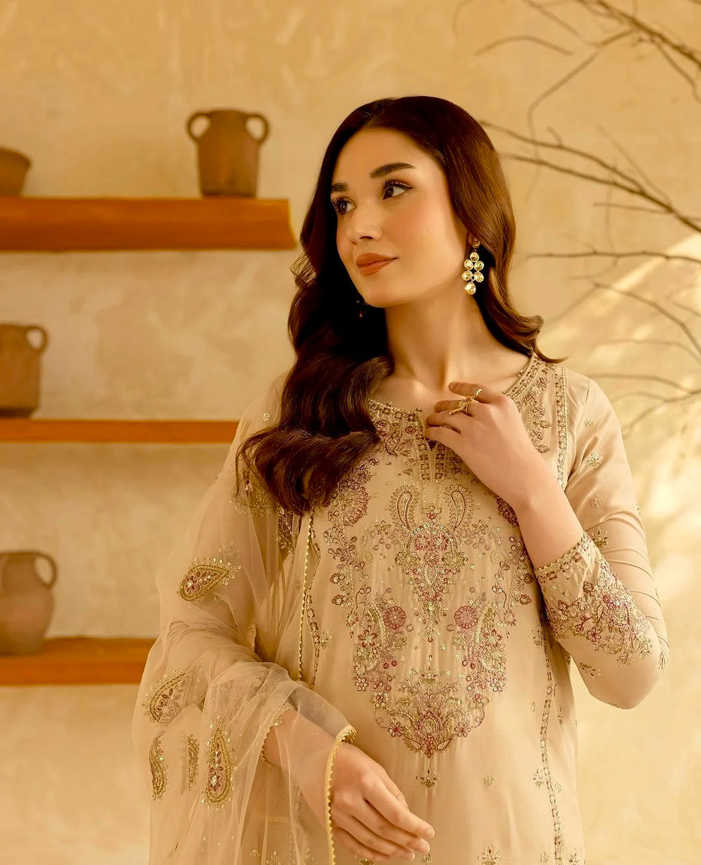 Women Vintage Designer Beige Embroidered Kurta Pant Dupatta Set Premium Festive Ethnic Wear All Seasons