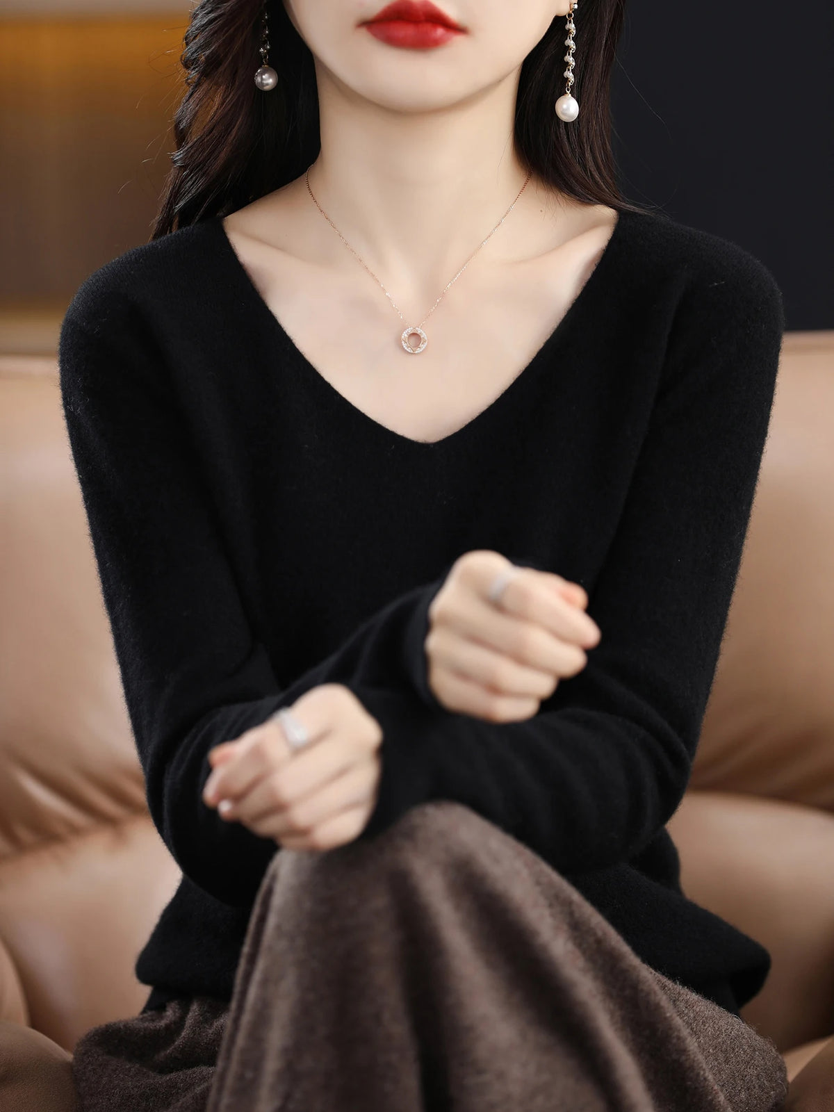 Sweater for Women 100% Merino Wool V Neck Sweater Fall Winter Basic Warm Pullovers Long Sleeve Soft Knit Jumpers Female Clothing
