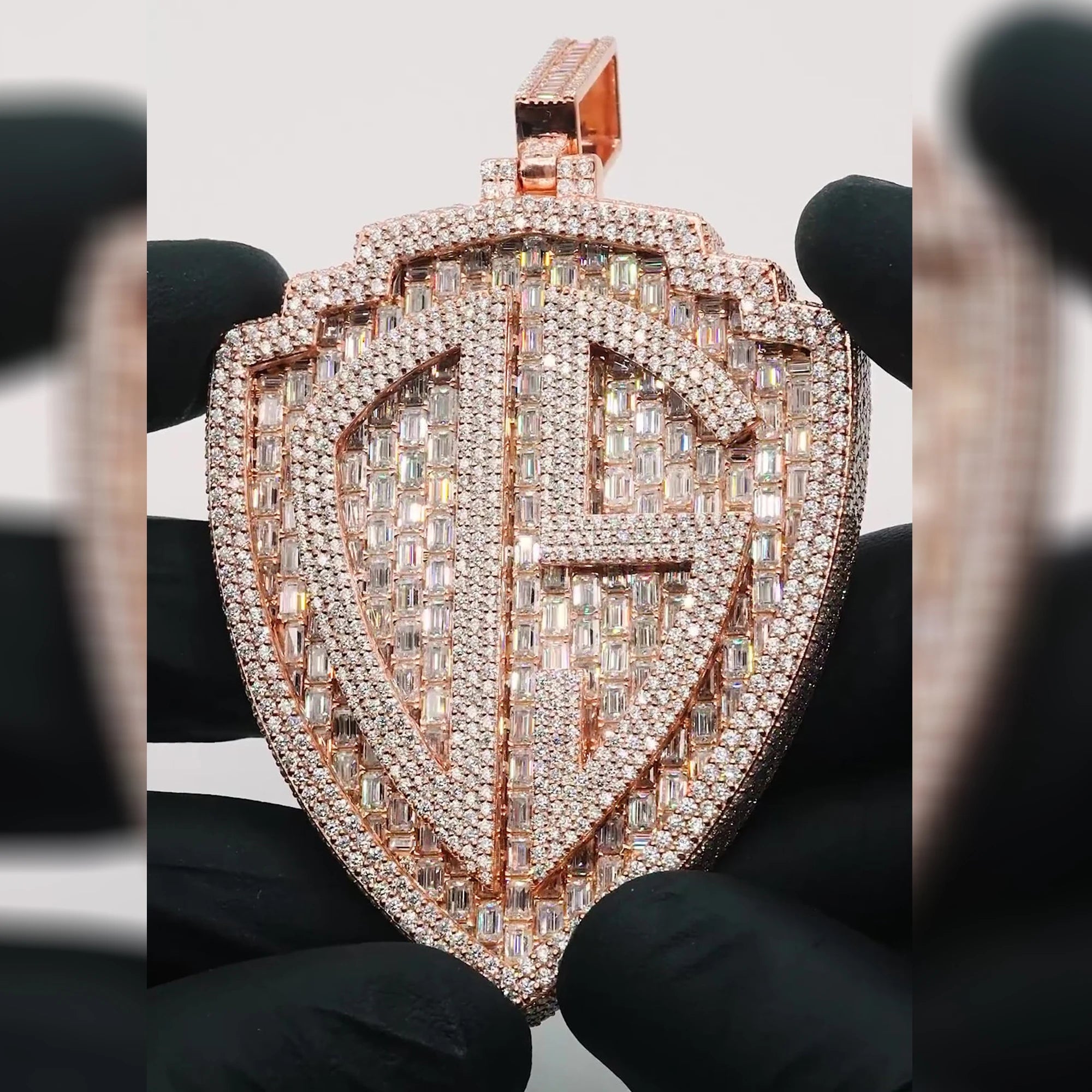 Custom Luxury Hip Hop Men's Moissanite Necklace with Rose Gold Shield Logo Pendant Baguette & Cut Diamonds