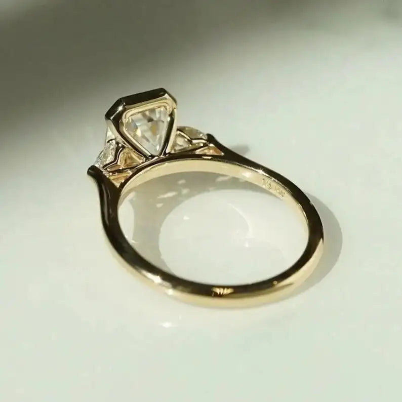 10K Yellow Gold Engagement Ring Original Moissanite 2ct Emerald Cut Fine Wedding Rings with Three Stone Prong Setting for Party
