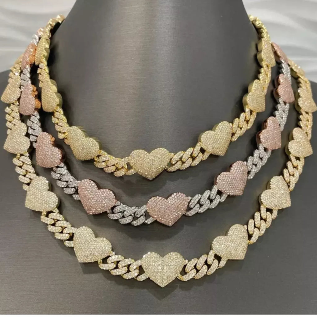 Customized 18mm Cuban Link Heart Moissanite Chain 925 Sterling Silver Yellow Gold Iced Jewelz Hip Hop Necklace High Quality