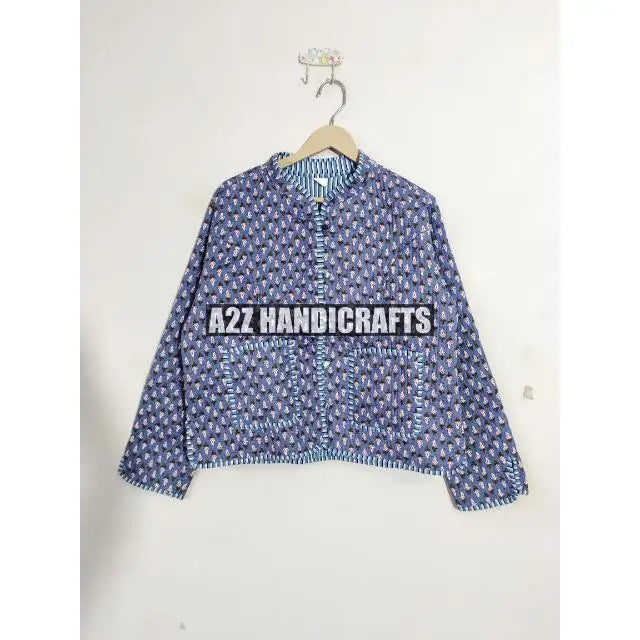 Indian Hand Block Print Cotton Quilted Jacket for Women New Style Breathable and Woven with Pocket Decoration for Autumn