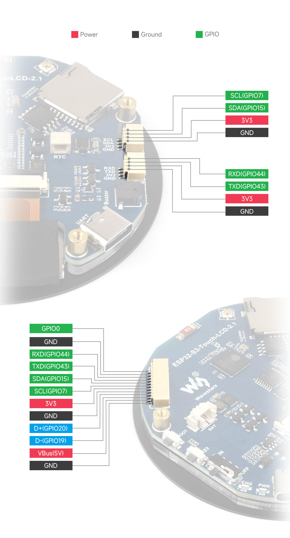 Waveshare ESP32-S3 2.1inch Capacitive Touch Round Display Development Board, 480×480, IPS, Supports WiFi & Bluetooth, 262K Color