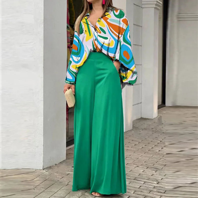 Women's Spring Pants Set Casual Two Piece Set Loose Long Sleeve Shirt High Waist Wide-leg Pants Fashion Pants Suits