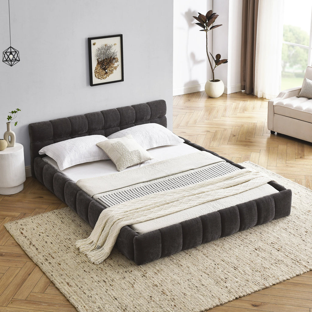 M Queen Size Upholstered Bed Frame Durable Bedroom Furniture Chenille Fabric Platform Bed Frame with Tufted Headboard