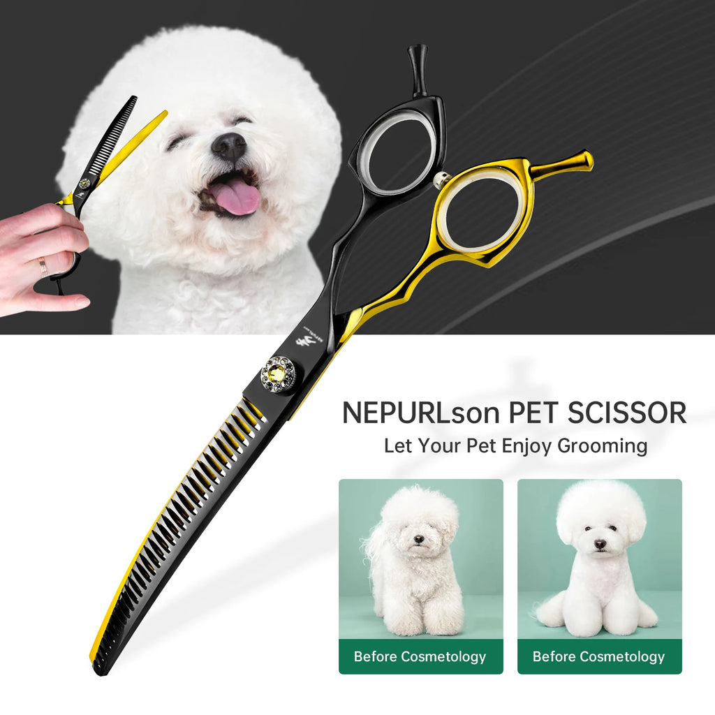 7.5inch Black&Gold Japan 440c Curved Fishbone/Dense Scissors  Paint  Shaped Scissors Pet Grooming Veterinary  Scissors PT-173