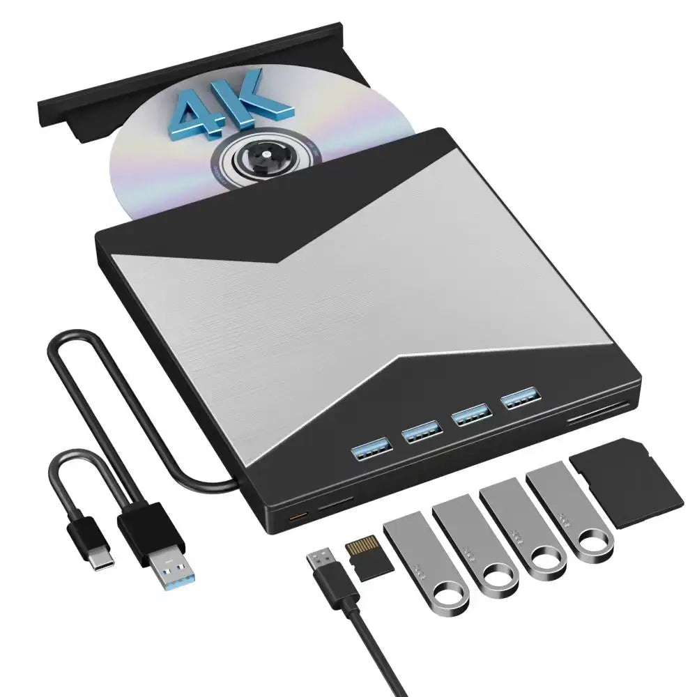 4K External Blu-ray Burner with USB 3.0 & Type-C Interface Portable DVD/CD/BD Player for Desktop/Laptop