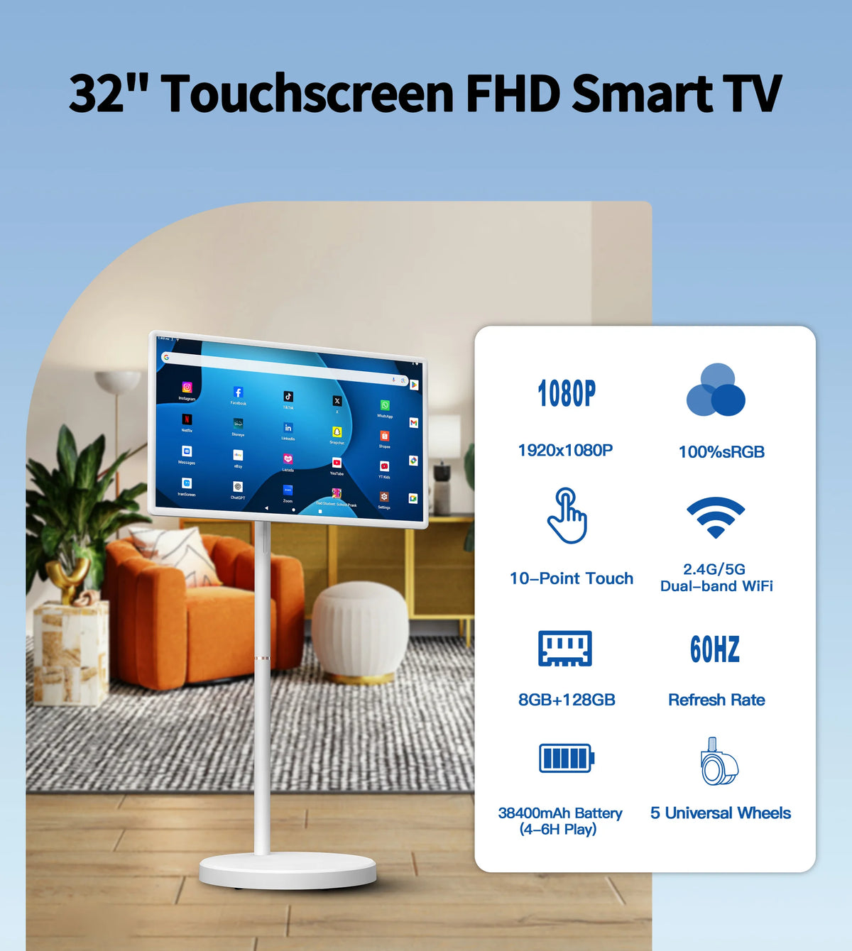 Hot 32 Inch Android Portable Smart TV with Battery Capacitive Display Vertical Touchscreen LCD Monitors All in One Portable TV