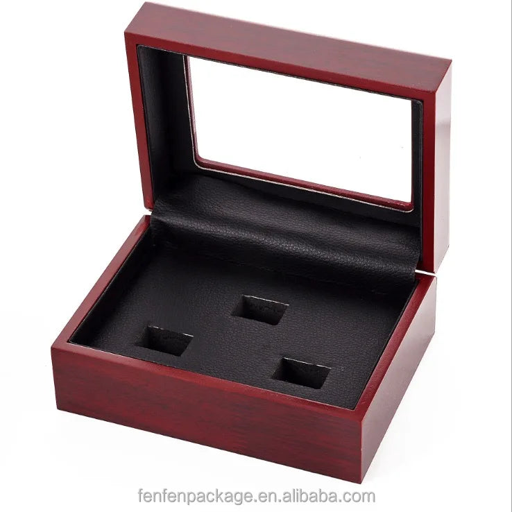 Wooden Trapezoid Display Case for Championship Rings Angled Multi-Slot Organizer for Basketball, Football Game Souvenir Rings