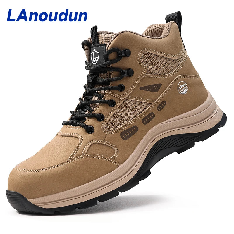 LAnoudun Safety Boots Khaki Work Safety Shoes Anti-Impact Puncture-resistant All Season High-top Men Shoes Steel Toe Protection