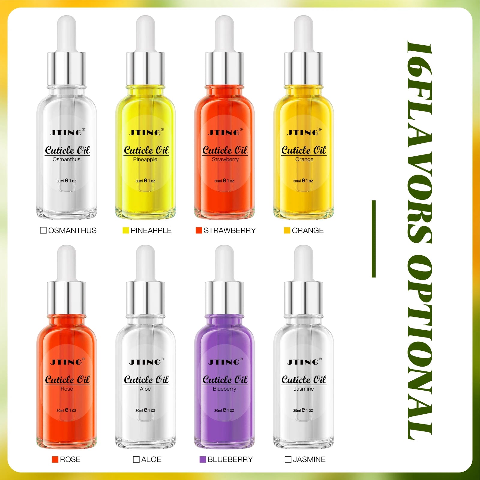 JTING 16 Flavors 30ml Nail Cuticle Oil Bottle with Dropper OEM ODM Custom Container logo Cuticle Nutrition Revitalizer Oil