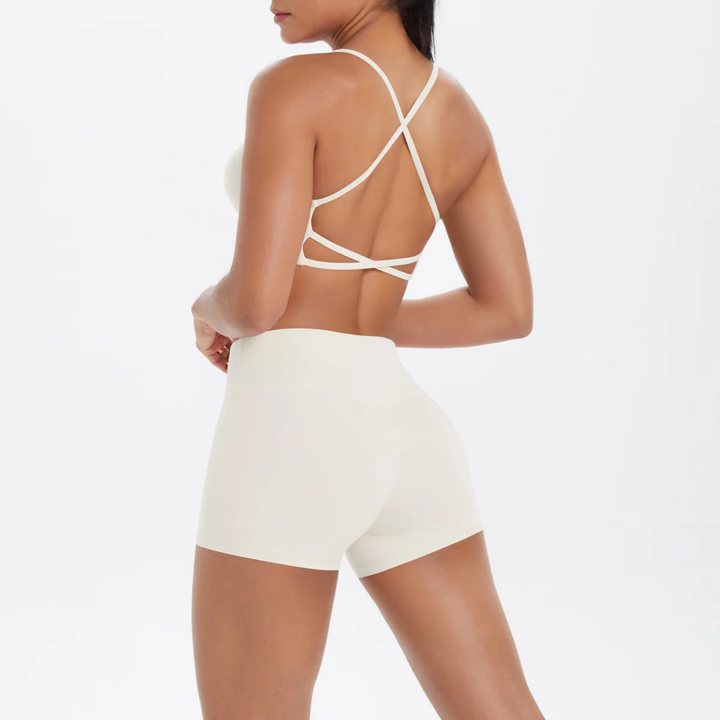 Support Custom Logo New Sports Bra Set Women Cross Back Padded Bra High Waist Butt Lifting Shorts Yoga Gym Running Activewear