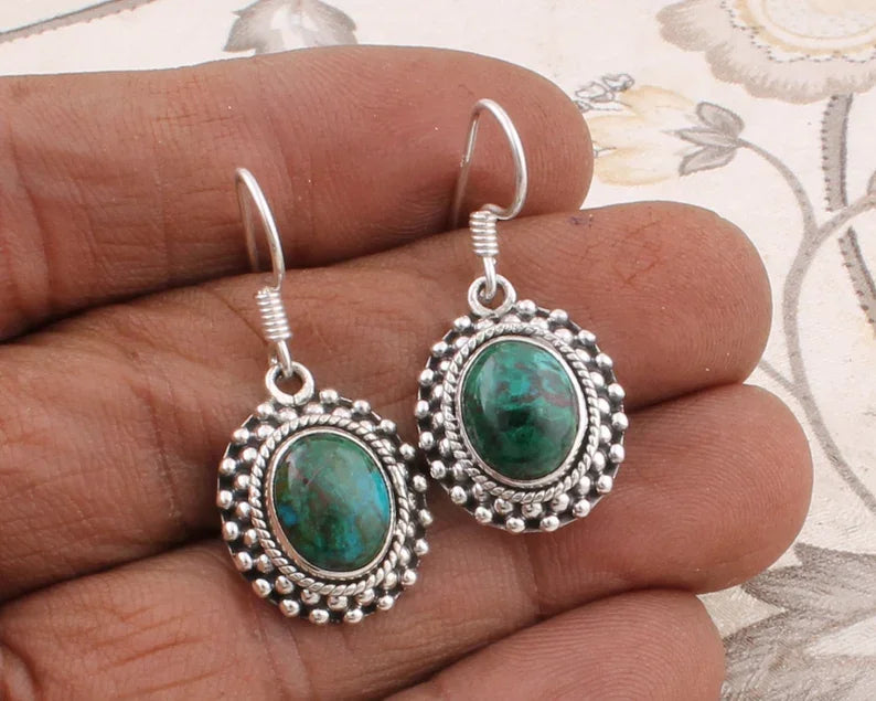 Vintage Men's Women's 925 Sterling Silver Hoop Earrings with Green Bloodstone Gemstones Alternative Gift for Easter or Birthdays