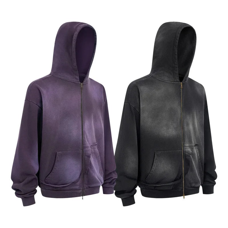 Washed Streetwear Zipper up Hoodie for Men 430gsm 100% Cotton Sun Fade Hooded Winter Vintage Long Sleeve Custom Printed Logo